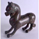 A CHINESE QING DYNASTY SILVER AND GOLD INLAID BRONZE BEAST Warring States style, modelled in a