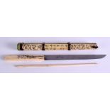 A LATE 19TH CENTURY CARVED IVORY AND BONE CALLIGRAPHY CHOP STICK SET decorated with landscapes. 30