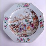 AN 18TH CENTURY CHINESE FAMILLE ROSE OCTAGONAL PORCELAIN PLATE Qianlong, painted with figures in