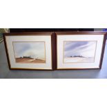 DENNIS WOOD (b.1947), framed pair watercolours, signed, costal landscape. 25 cm x 35 cm.