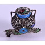 AN UNUSUAL EARLY 20TH CENTURY PORTUGUESE SILVER AND ENAMEL URN BROOCH.