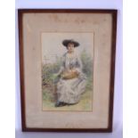 E J WALKER, framed watercolour, Victorian lady holding a basket. 31 cm x 19 cm.