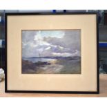 A FRAMED WATERCOLOUR by Henry Raeburn Dobson, depicting a coastal scene. 36 cm x 27 cm.