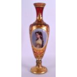 A LATE 19TH CENTURY BOHEMIAN RUBY GLASS VASE painted with a portrait of a female, upon a scrolling