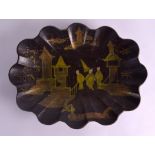 A MID 19TH CENTURY CONTINENTAL LACQUERED SCALLOPED DISH painted with Chinese figures within