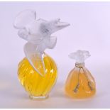 A FRENCH LALIQUE GLASS SCENT BOTTLE AND STOPPER set with a bird, together with a French glass