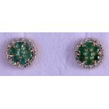 A PAIR OF 9 CT GOLD DIAMOND AND EMERALD EARRINGS.