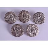 A SET OF FIVE 19TH CENTURY JAPANESE MEIJI PERIOD SILVER BUTTONS finely modelled from chrsanthemum