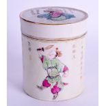 A 19TH CENTURY CHINESE FAMILLE ROSE PORCELAIN CYLINDRICAL BOX AND COVER painted with figures and