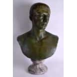 A 19TH CENTURY PATINATED IMITATION PLASTER BRONZE CLASSICAL BUST modelled upon a veined marble