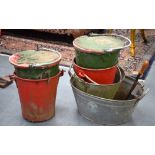 A GROUP OF ANTIQUE FIRE BUCKETS, of varying form, together with a cobblers shoe repair. (qty)