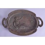 A 19TH CENTURY FRENCH ART NOUVEAU BRONZE TWIN HANDLED OVAL TRAY decorated in relief with a nude