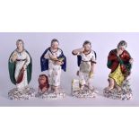 A GOOD SET OF FOUR EARLY 19TH CENTURY STAFFORDSHIRE PRATT TYPE POTTERY FIGURES possibly Yorkshire,