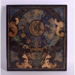 AN UNUSUAL 19TH CENTURY PAINTED MIXED MARBLE SLATE SQUARE FORM CLOCK decorated with a coat of arms