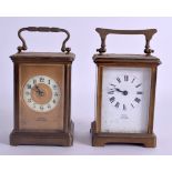 A DIMMER OF SOUTHSEA BRASS CARRIAGE CLOCK with white circular enamel dial, together with another