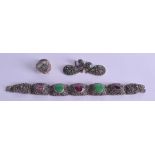AN EARLY 20TH CENTURY SILVER JADEITE AND TOURMALINE BRACELET together with a pair of earrings & a