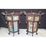 A LARGE PAIR OF EARLY 20TH CENTURY CHINESE PAINTED GLASS AND WOOD LANTERNS depicting figures,