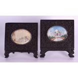 A PAIR OF 19TH CENTURY ANGLO INDIAN HARDWOOD AND IVORY FRAMES each inset with a painted miniature.