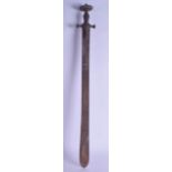 A VIKING STYLE TAPERING BRONZE SWORD decorated in relief with a standing classical figure to the