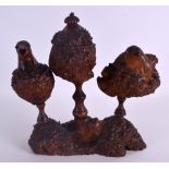 AN UNUSUAL 19TH CENTURY CONTINENTAL CARVED WOOD DESK STAND formed with three inkwells, the covers