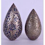 TWO 19TH CENTURY ISLAMIC SILVER AND ENAMEL SCENT BOTTLES. 7 cm & 5.5 cm long. (2)