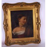 EUROPEAN SCHOOL (18th century), framed oil on canvas, quarter length portrait of a girl in red. 42