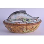 A LOVELY 19TH CENTURY GEORGE JONES MAJOLICA SARDINE DISH AND COVER decorated with extensive fish and