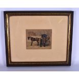 AN EARLY 20TH CENTURY FRAMED WATERCOOUR, depicting two gentlemen beside a horse drawn carriage. 12