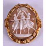 A LATE VICTORIAN YELLOW METAL CAMEO SHELL BROOCH decorated with three classical females. 5 cm x 5.