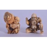 A 19TH CENTURY JAPANESE MEIJI PERIOD CARVED IVORY NETSUKE together with another okimono of a