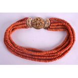 AN 18CT GOLD FIVE STRAND RED CORAL NECKLACE. 191 grams. 45 cm long.