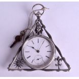 A RARE ENGLISH SILVER MASONIC TYPE HANGING PENDANT CLOCK with unusual frame decorated with motifs. 9