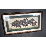 INDIAN SCHOOL, framed gouache, roaming elephants. 35 cm x 79 cm.