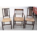 A OAK CHAIR, with curving arms and thatched wicker seat, together with a pair of mahogany chairs.(