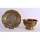 A LATE 19TH CENTURY ISLAMIC SILVER INLAID SCALLOPED DISH decorated with foliage, together with a