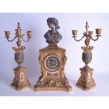 A LARGE 19TH CENTURY FRENCH GILT BRONZE AND MARBLE CLOCK GARNITURE the mantel set with a bust of a