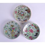 A SET OF THREE 19TH CENTURY CHINESE CANTON FAMILLE ROSE PLATES painted with birds and flowers. 19 cm