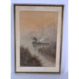 SOUTHEAST ASIAN SCHOOL, framed watercolour, figure in a boat in a river landscape. 44 cm x 29 cm.