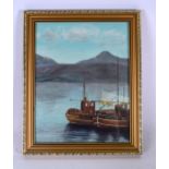 BRITISH SCHOOL (Early 20th century), framed oil on panel, two boats in a mountainous coastal
