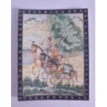 A 19TH CENTURY INDIAN PAINTED IVORY MINIATURE depicting three figures roaming on horseback within
