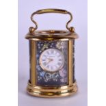 A MINIATURE TIFFANY & CO HALCYON DAYS ENAMEL CARRIAGE CLOCK with foliate painted surround. 8.5 cm