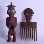 AN EARLY 20TH CENTURY AFRICAN CARVED TRIBAL FIGURAL COMB together with a polychromed wooden