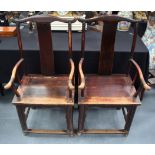 A PAIR OF 19TH CENTURY CHINESE CARVED SOFTWOOD CHAIRS of plain form. 112 cm high.