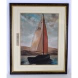 DOWNIE (British), framed oil on card, yacht in a coastal scene. 38 cm x 28 cm.