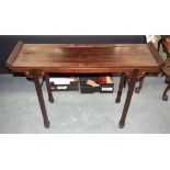 A 19TH CENTURY CHINESE CARVED HARDWOOD ALTAR TABLE with plain frieze. 116 cm x 81 cm.