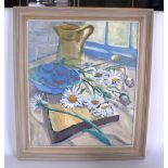 KEN FORD (British), framed oil on board, still life study flowers and a jug, signed. 60 cm x 50 cm.