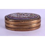 A 19TH CENTURY EUROPEAN MICRO MOSAIC BRASS SNUFF BOX AND COVER decorated with extensive foliage. 8.5