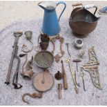 A MIXED GROUP OF METAL WARE INCLUDING COPPER COAL SCUTTLE, iron scale, mincer, pair of brackets