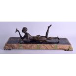 A GOOD FRENCH ART DECO BRONZE FIGURE OF A RECLINING FEMALE by Aurore Onu, modelled upon a veined