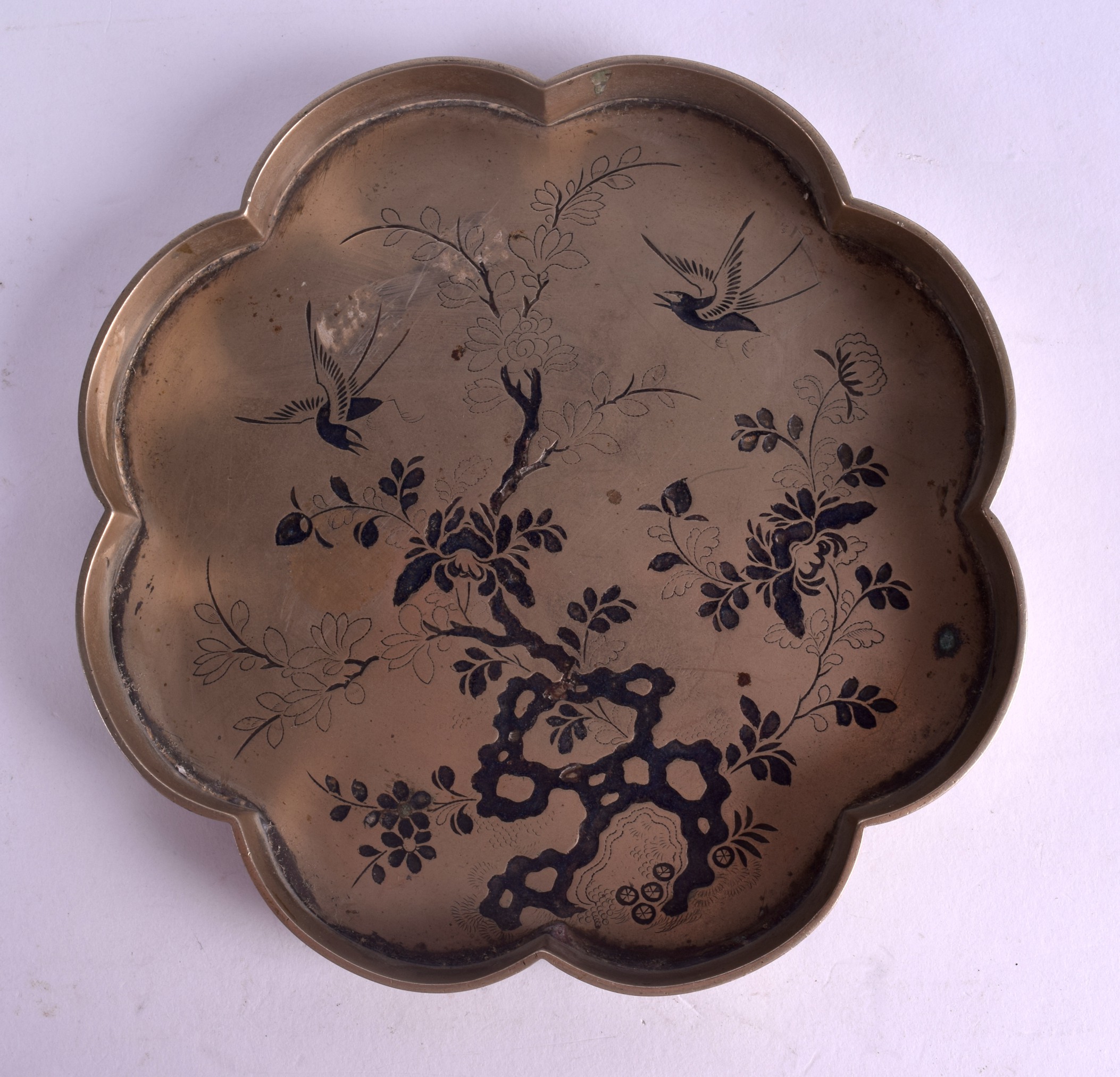 A RARE 19TH CENTURY CHINESE ENAMELLED PAKTONG BRONZE TRAY of shaped form, decorated with figures and